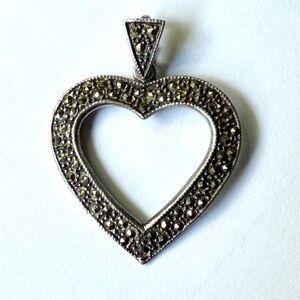 925 Sterling Silver Vintage Marcasite Open Heart Pendant
